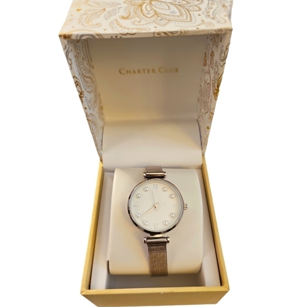 NIB Women's Charter Club Stainless Steel Mesh Bracelet Watch 30mm
